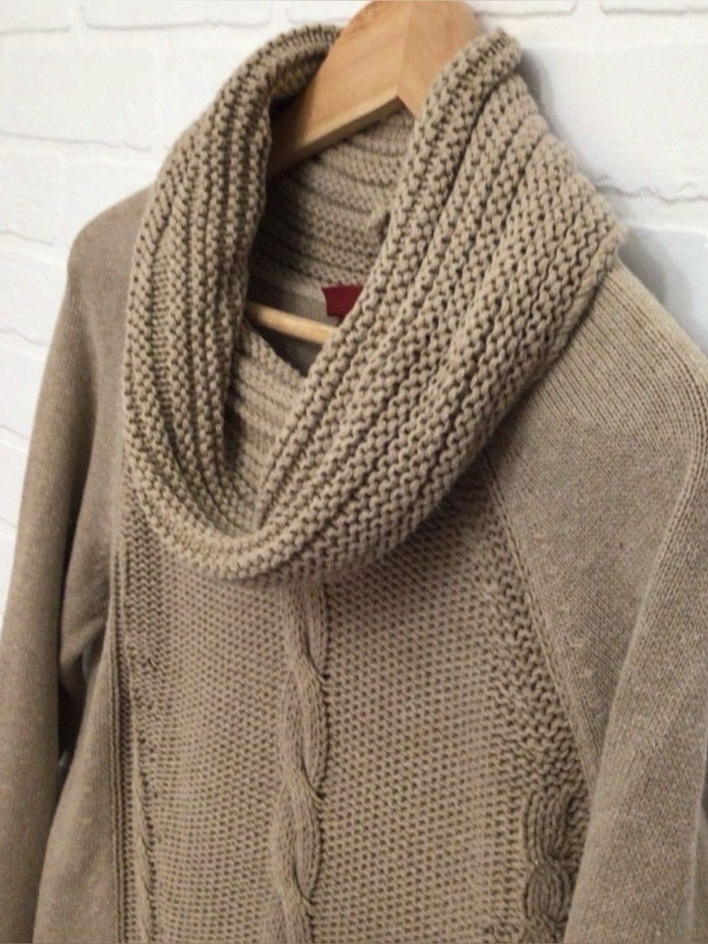 OLSEN Cable Knit Cowl Neck Sweater Medium Cotton Fisherman Scandi Cozy Taupe